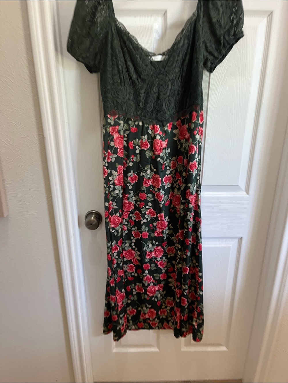 Altar'd State Dark Green Lace Top Maxi Dress with Pink Floral Skirt - Picture 2 of 7